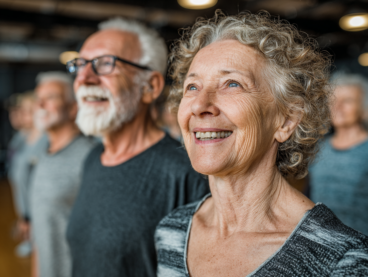Възрастни хора правят йога на открито сутрин